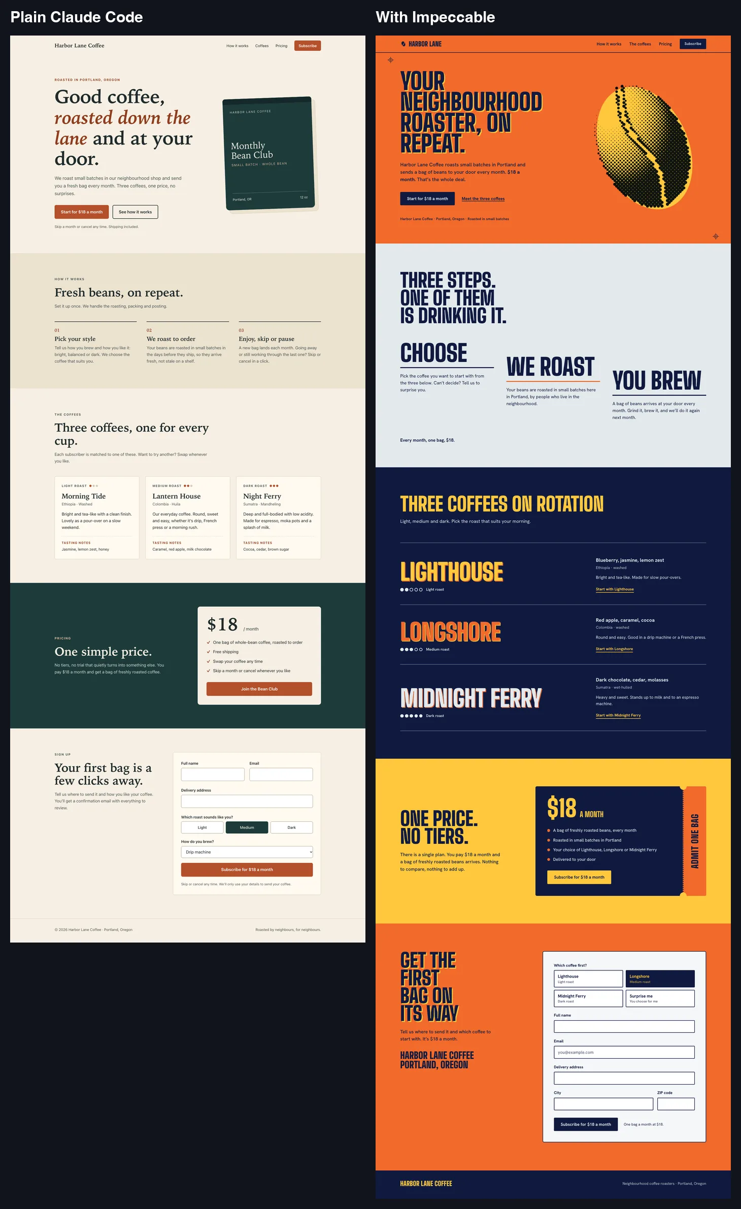 Full page comparison of the plain Claude Code landing page and the Impeccable landing page