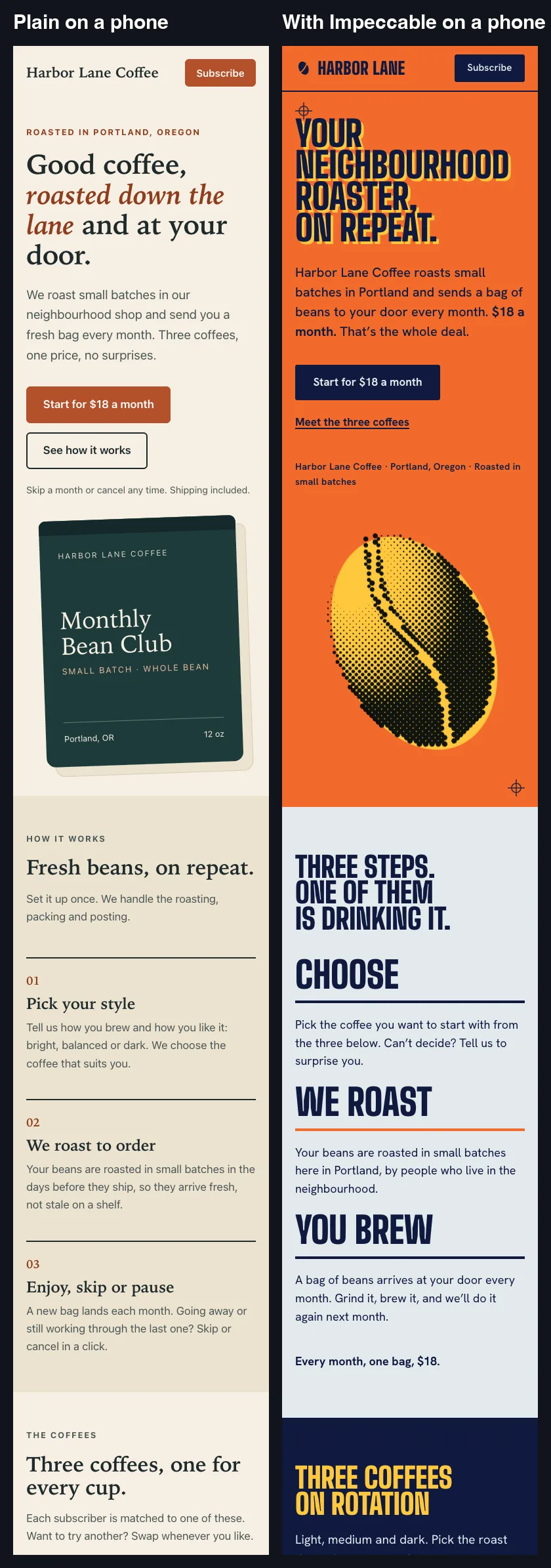 Phone comparison of the top of the plain page and the Impeccable page