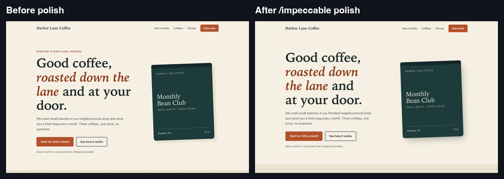 The plain landing page before and after the Impeccable polish command
