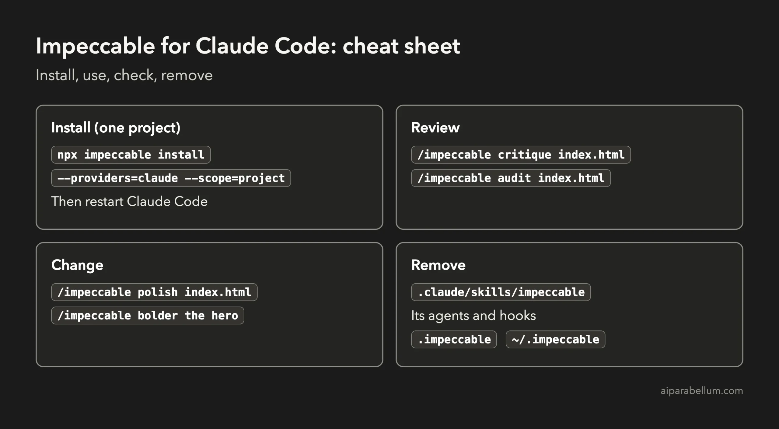 Impeccable for Claude Code cheat sheet with install, review, change and remove commands