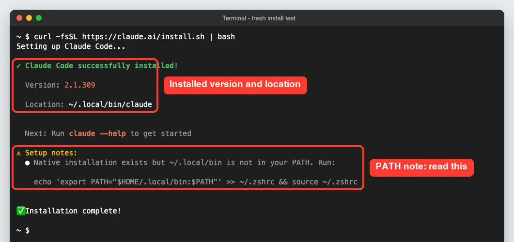 Terminal output of the Claude Code native installer showing successfully installed, version 2.1.309, location and a PATH setup note