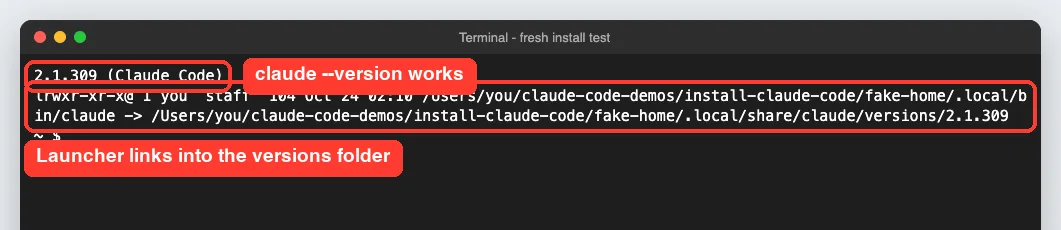 Terminal showing 2.1.309 (Claude Code) and the claude launcher linked into the versions folder