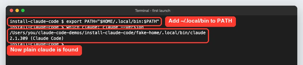 Terminal showing PATH export, which claude pointing to the local bin folder, and claude --version printing 2.1.309