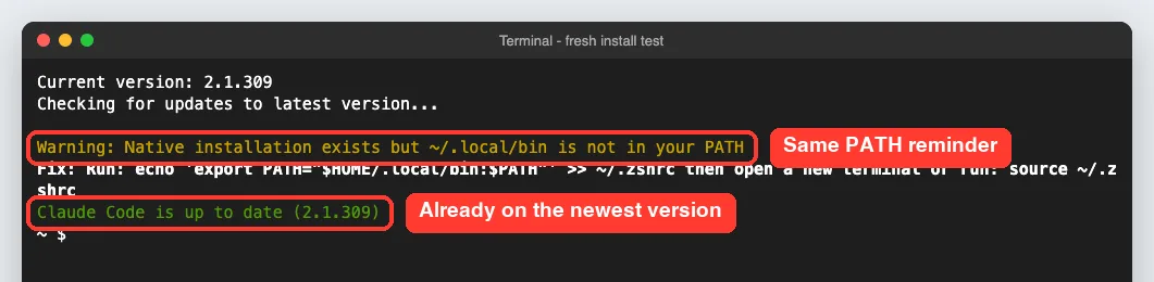claude update output showing current version 2.1.309, a PATH warning and Claude Code is up to date