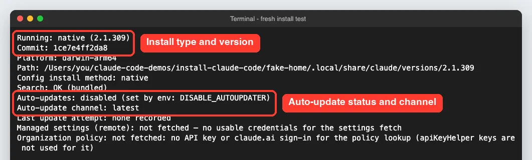 claude doctor output showing native install 2.1.309, platform darwin-arm64, search OK and auto-update channel latest