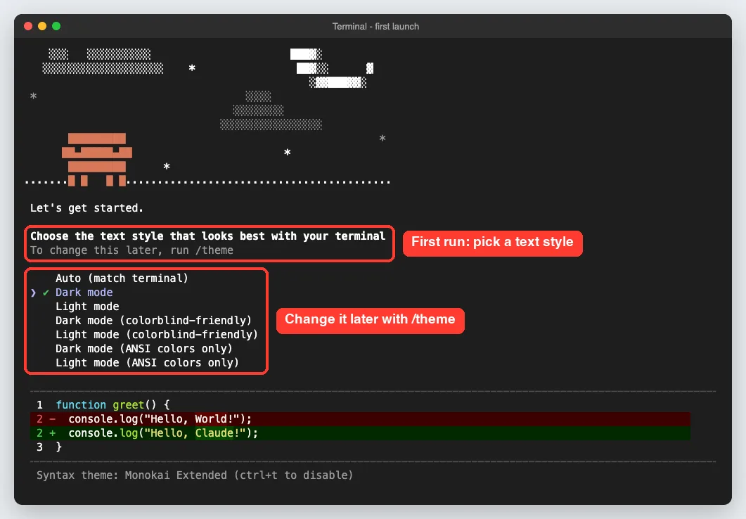 Claude Code first launch screen asking to choose a text style such as dark mode or light mode, with a code preview
