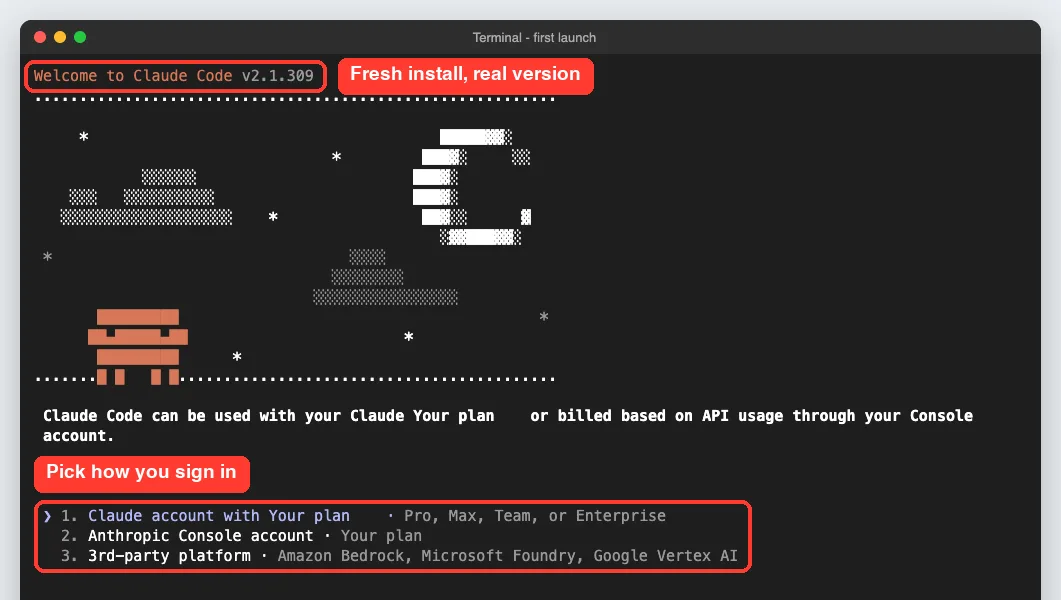 Claude Code welcome screen version 2.1.309 with three login options: Claude account, Anthropic Console account and 3rd-party platform