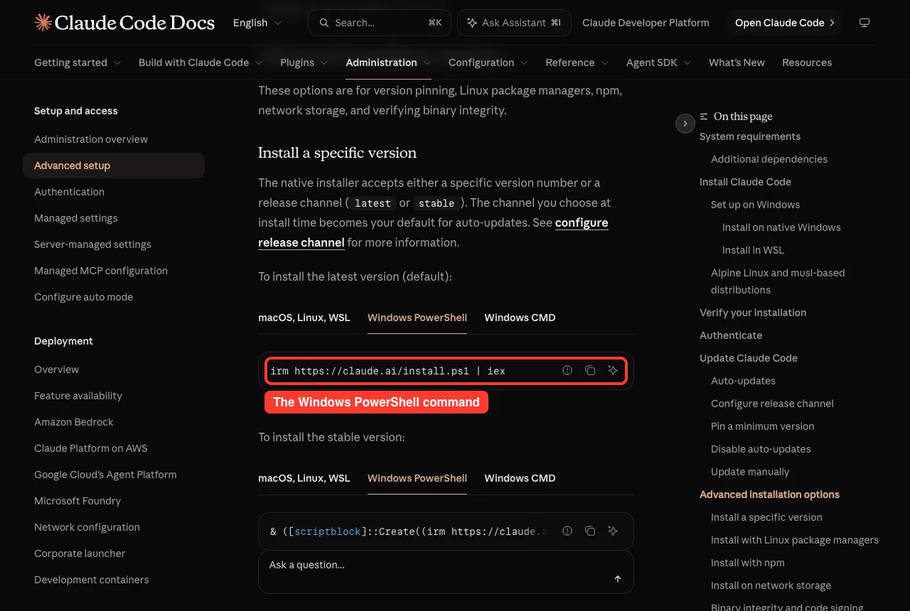 Claude Code docs page with the Windows PowerShell tab selected and the irm install command highlighted