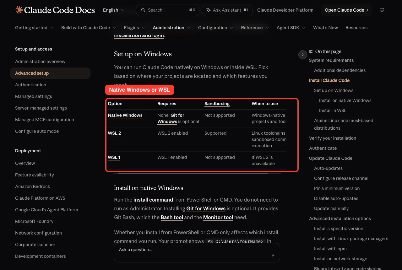 Claude Code docs table comparing native Windows, WSL 2 and WSL 1 with requirements and sandboxing support