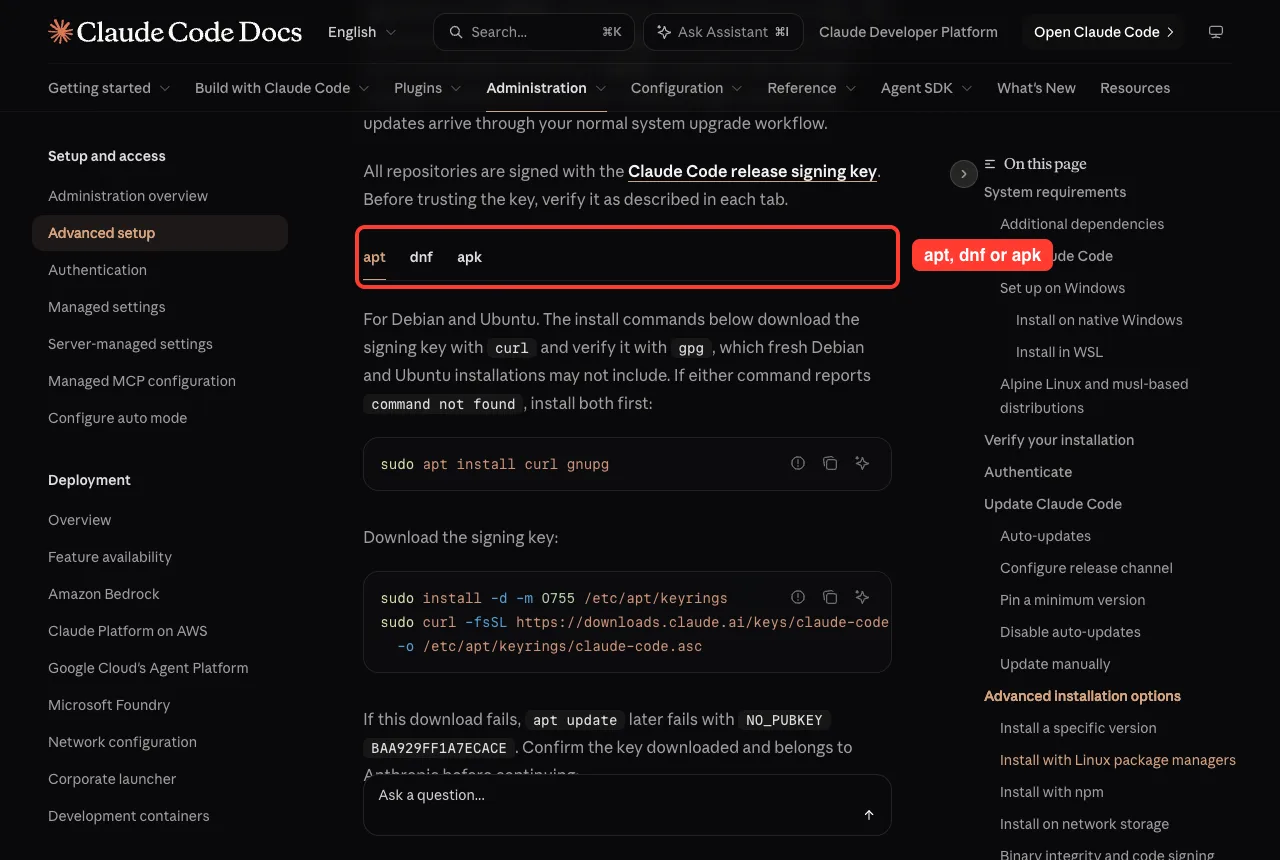 Claude Code docs section on Linux package managers with apt, dnf and apk tabs highlighted
