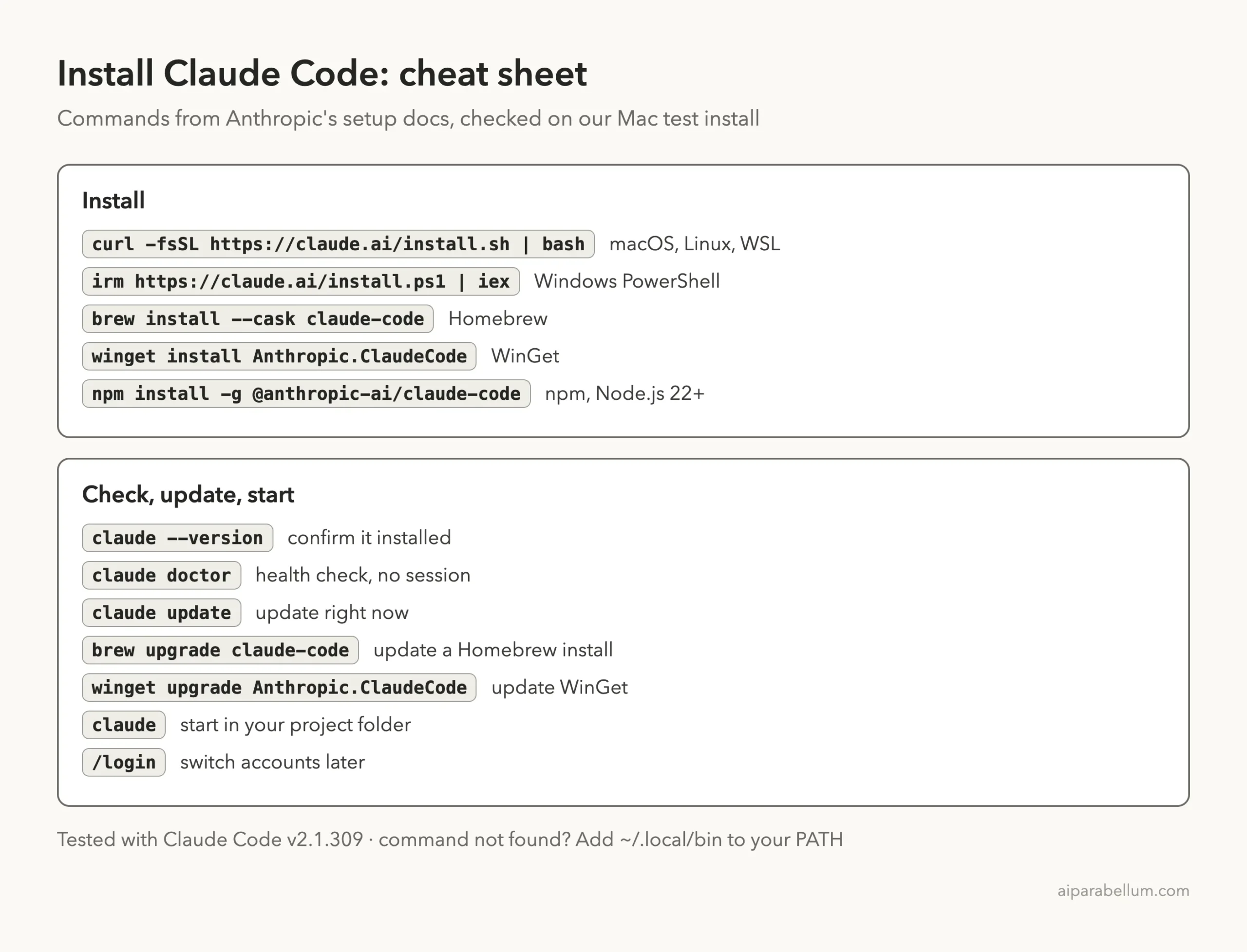 Claude Code install cheat sheet with install commands for each system and commands to check, update and start
