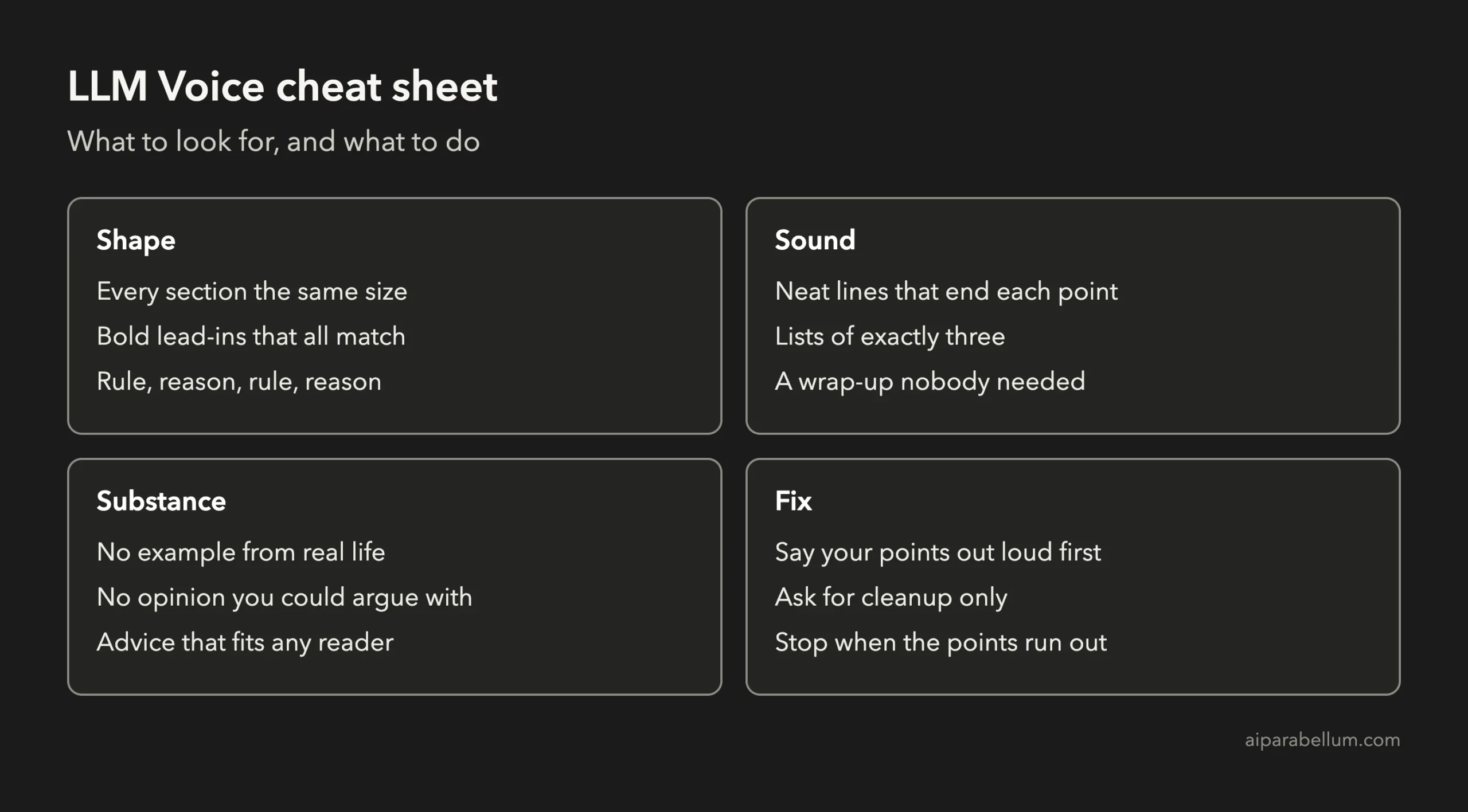LLM Voice cheat sheet listing signs in shape, sound and substance, plus the fix