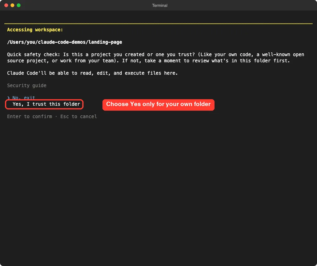 Claude Code trust prompt asking whether you created or trust the folder, with the option Yes, I trust this folder highlighted