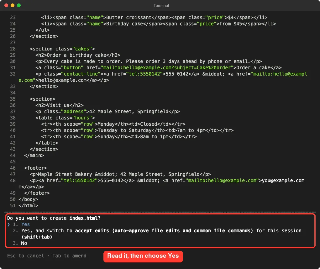 Claude Code showing the end of index.html with the cake section, visit us section and footer, and asking Do you want to create index.html with the choices Yes, Yes and accept edits, and No highlighted
