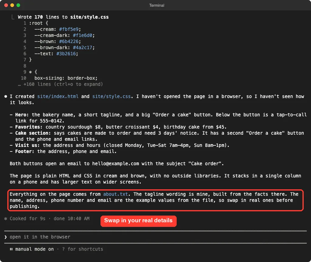 Claude Code summary after creating the two files, describing the hero, favorites, cake section, visit us and footer sections, with the final paragraph about example values highlighted