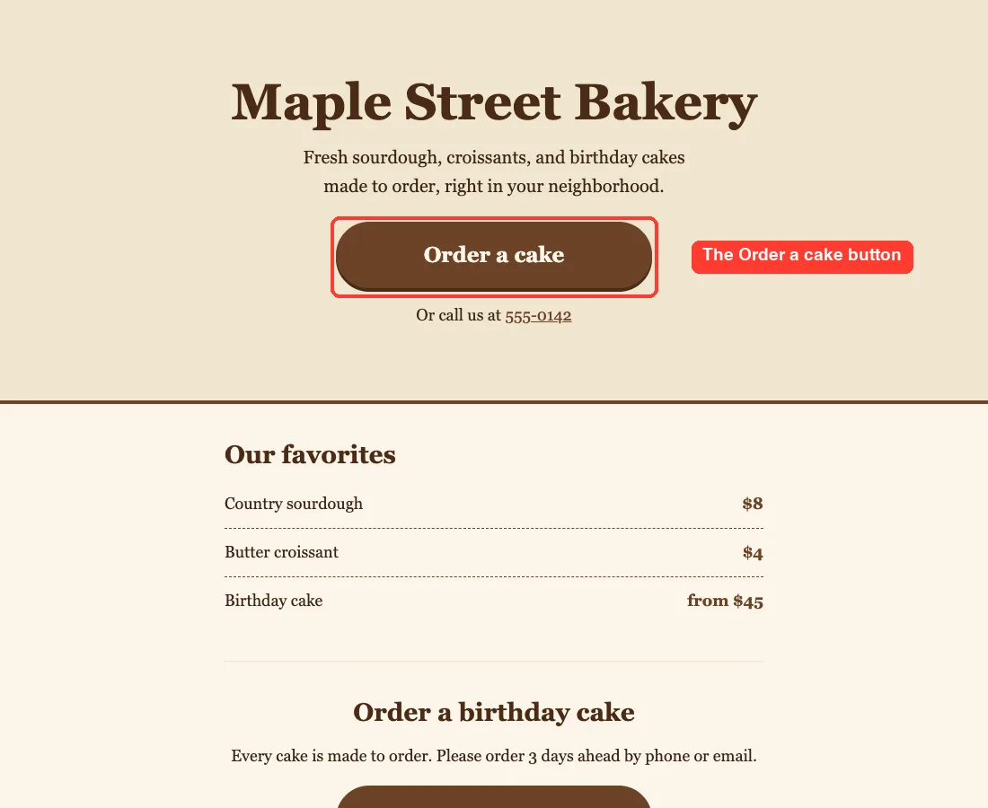 The finished Maple Street Bakery landing page in a browser, with a cream hero section, the heading, a tagline, a brown Order a cake button highlighted and a list of three favorite items with prices