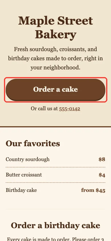 The same landing page at phone width, with the heading wrapping onto two lines, a full-width Order a cake button highlighted and the favorites list below