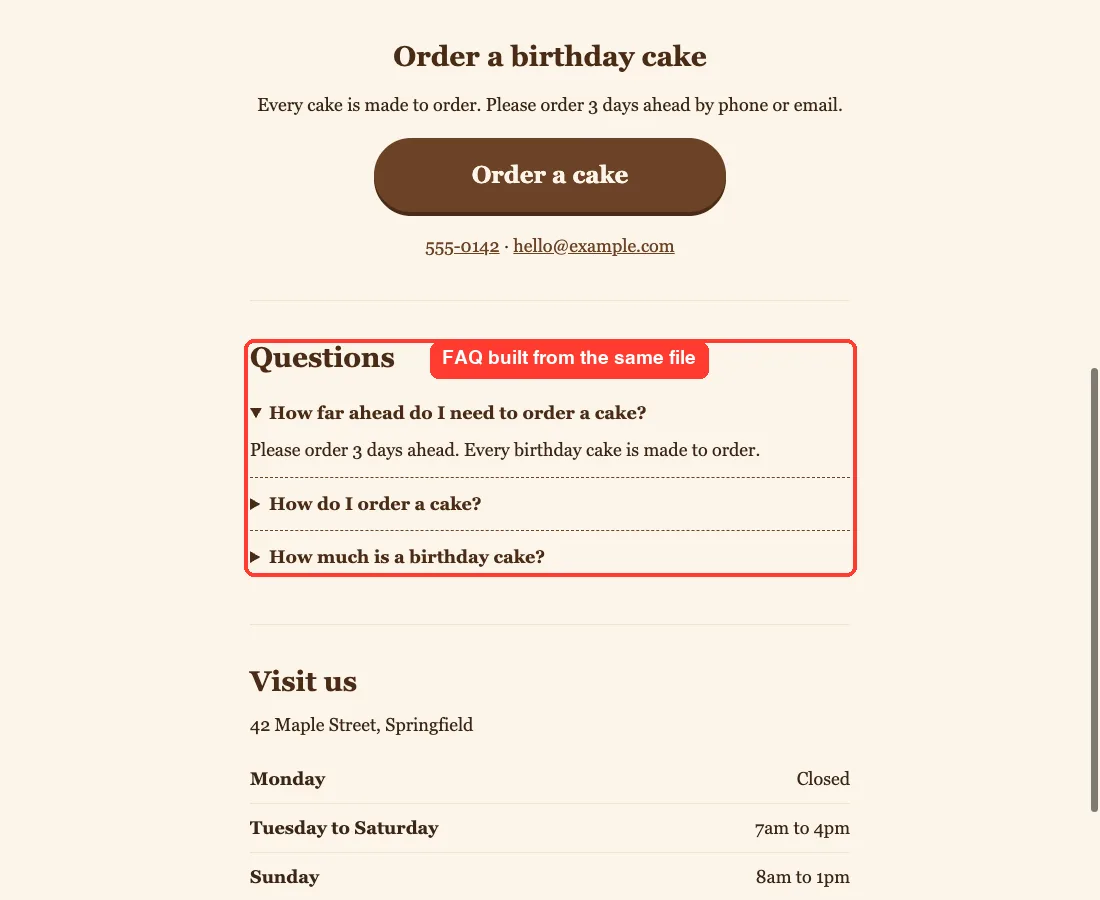The landing page scrolled to the cake section and a Questions section with three tap-to-open questions, the first one open, highlighted