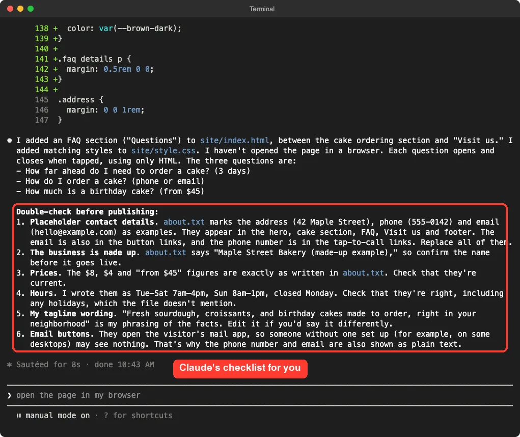 Claude Code summary of the FAQ with its three questions, followed by a numbered double-check list covering placeholder contact details, made-up business, prices, hours, tagline wording and email buttons, highlighted