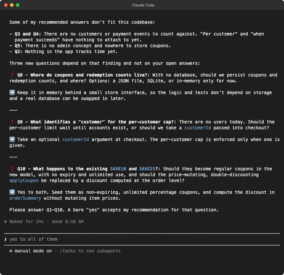 The grill-me skill in Claude Code asking numbered questions with recommended answers about coupon storage and customers