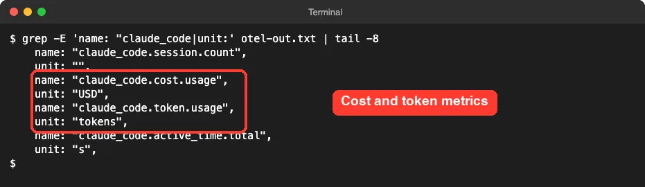 Terminal output listing four Claude Code metric names with their units