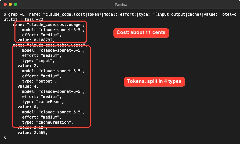Terminal output showing the cost value and the four token types with their values