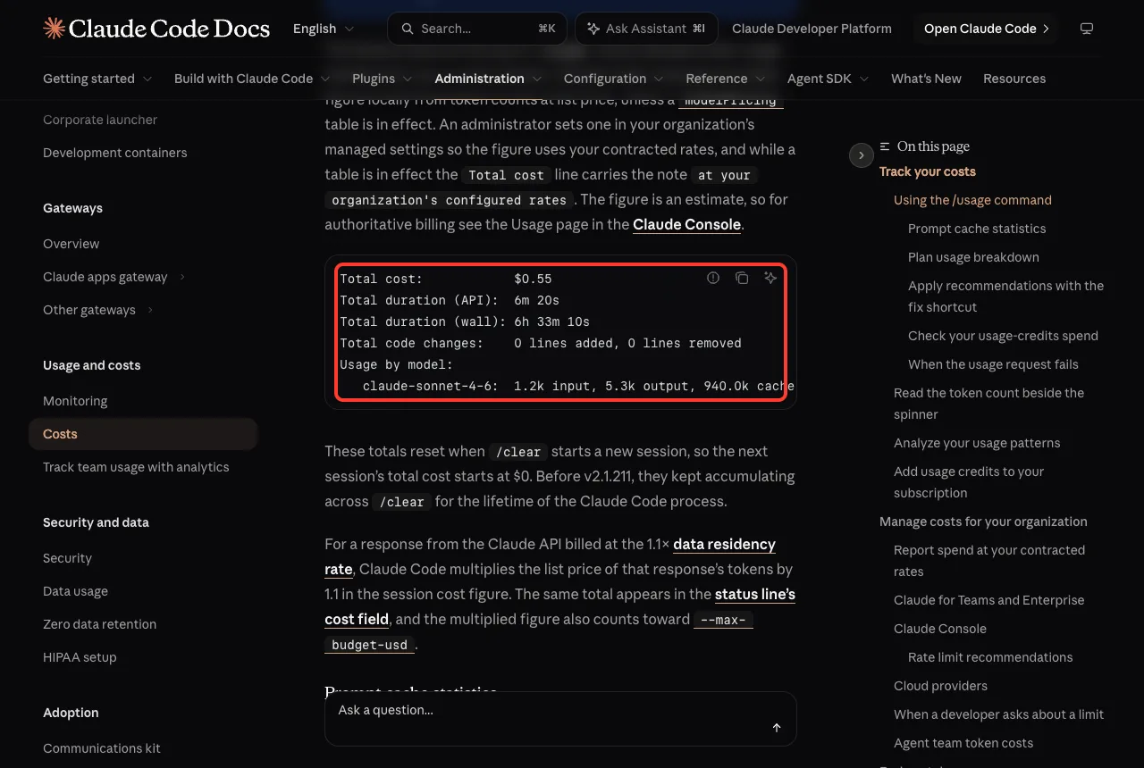 Official docs example of the usage session block with total cost, durations, code changes and usage by model highlighted