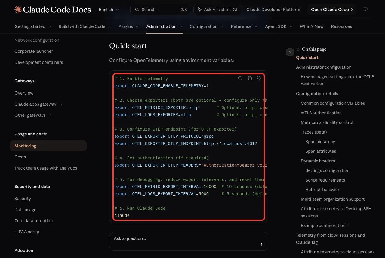 Official monitoring docs quick start block with the telemetry environment variables highlighted in a red box