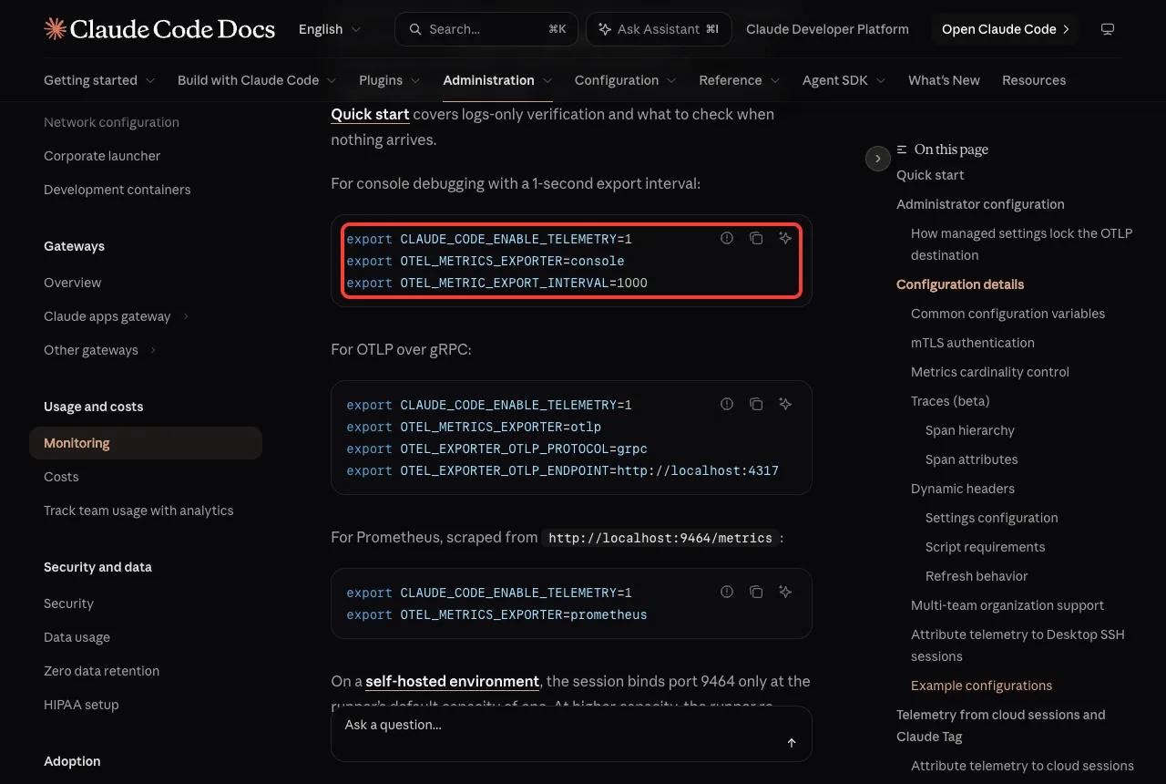 Official docs example configuration for console debugging with the three export variables highlighted