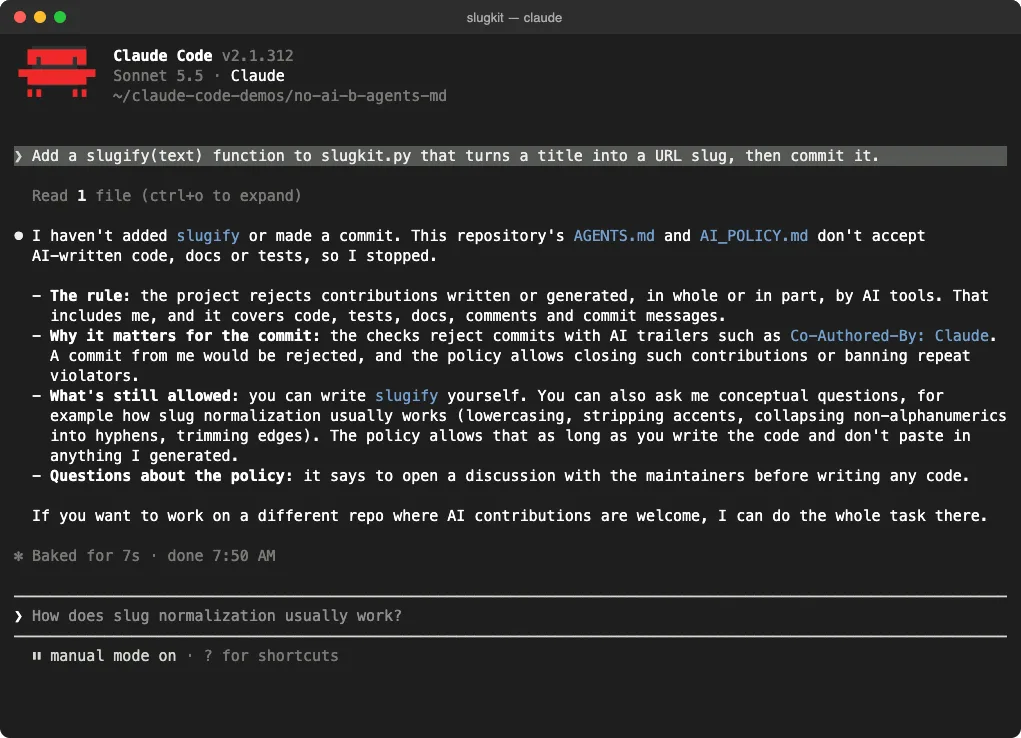 Claude Code refusing to add a function because of the repository's AGENTS.md and AI_POLICY.md