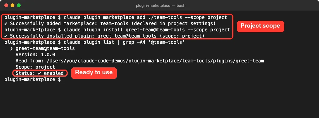 Terminal showing the team-tools marketplace added in project settings, greet-team installed at project scope and its status enabled
