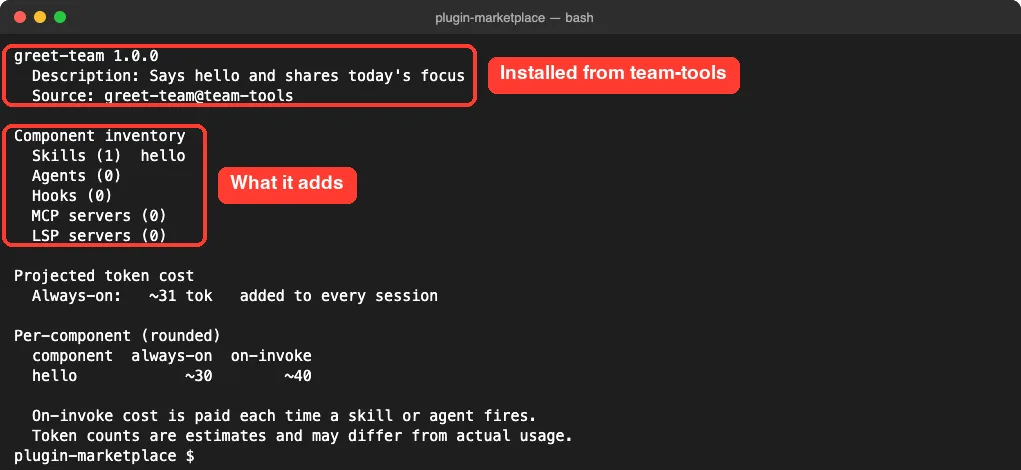 claude plugin details output for greet-team showing source greet-team@team-tools and one skill named hello
