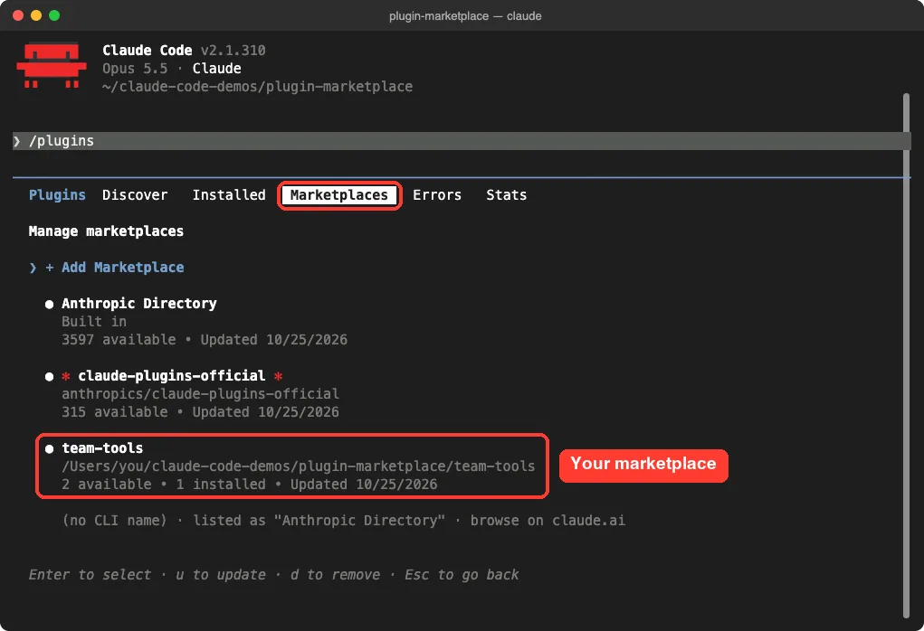 Claude Code /plugin panel on the Marketplaces tab showing Anthropic Directory, claude-plugins-official and a local team-tools marketplace