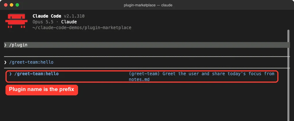 Claude Code autocomplete suggesting /greet-team:hello with its description