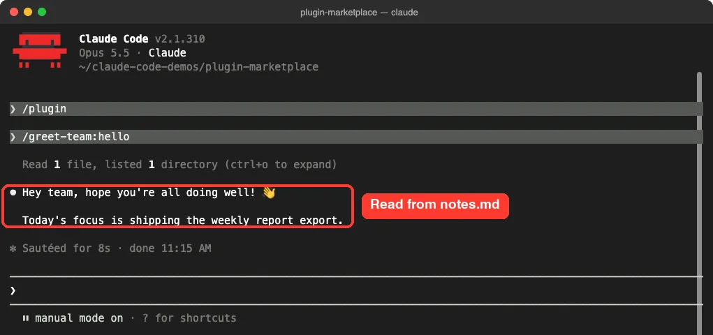 Claude Code response to /greet-team:hello greeting the team and naming today's focus from notes.md