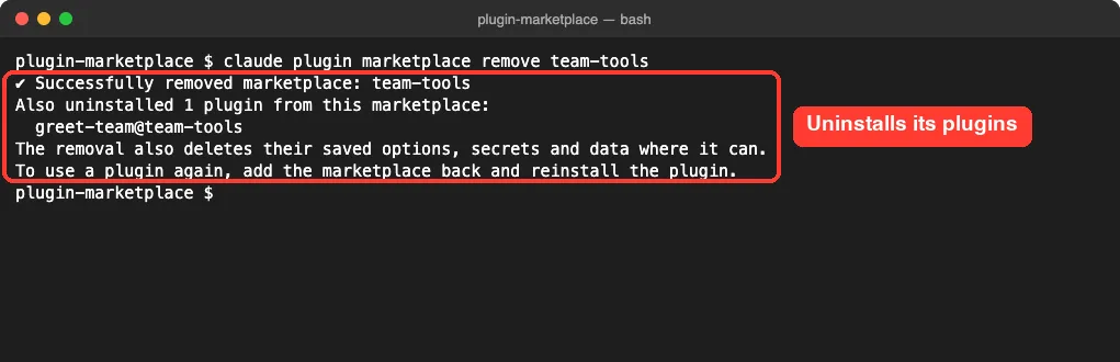 claude plugin marketplace remove team-tools output confirming removal and that greet-team was uninstalled