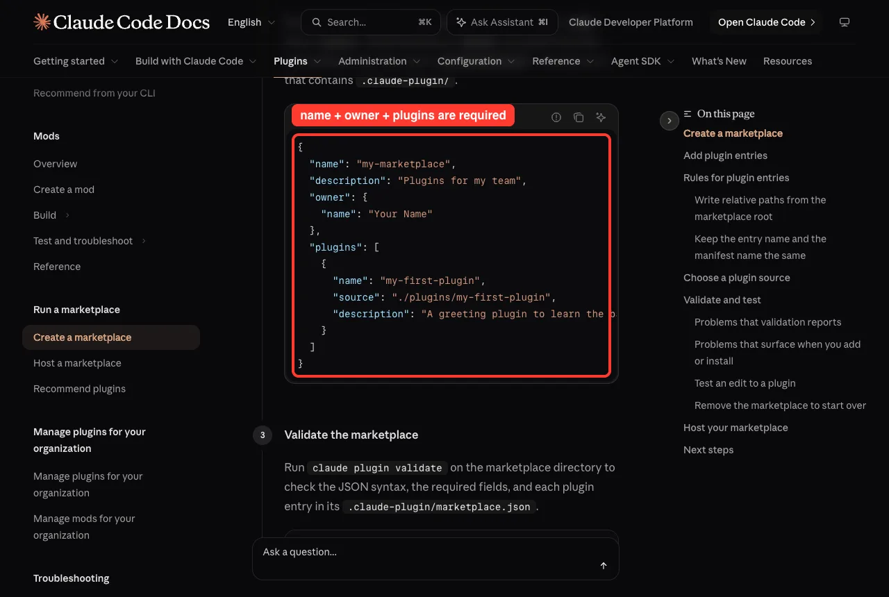 Official docs example of marketplace.json with name, owner and plugins fields highlighted