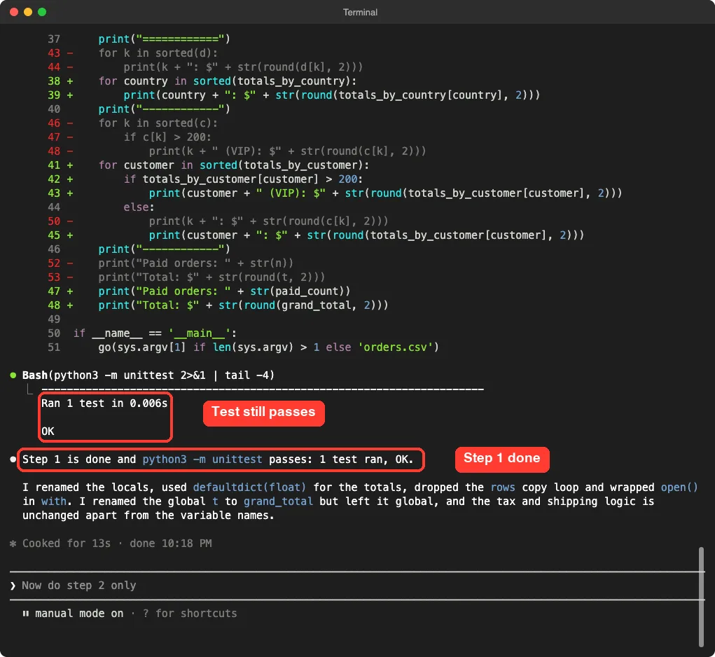 Claude Code output showing Ran 1 test and OK, and Step 1 is done highlighted, with a summary of the renamed variables