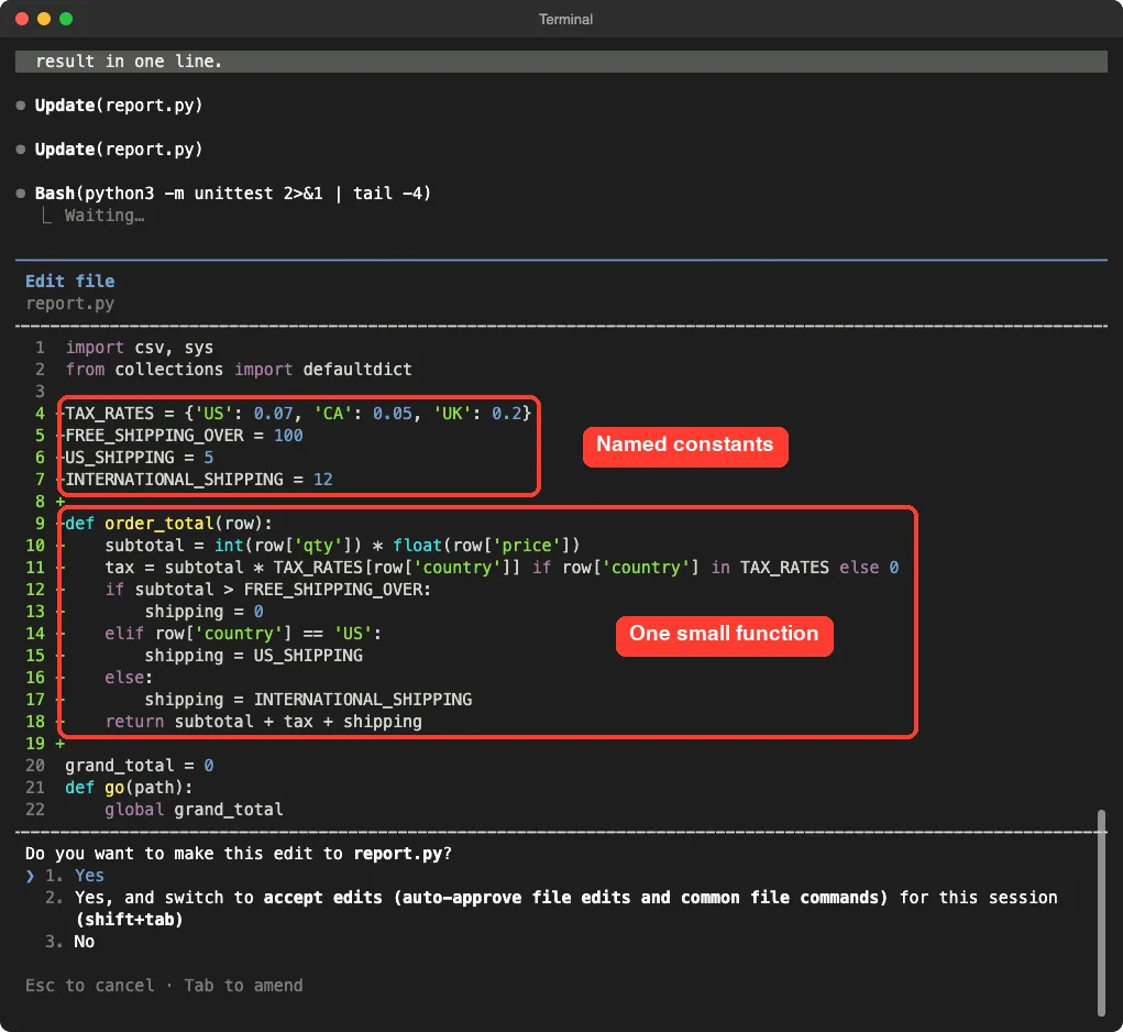 Claude Code edit screen showing named constants TAX_RATES, FREE_SHIPPING_OVER, US_SHIPPING and INTERNATIONAL_SHIPPING and a new order_total function, both highlighted