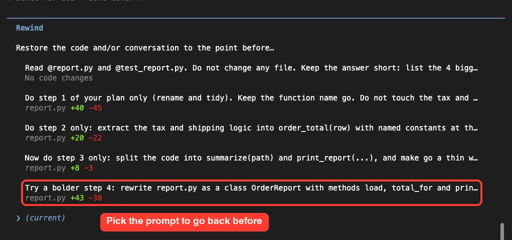 The Claude Code rewind menu listing each prompt with its file changes, with the bolder step 4 prompt highlighted