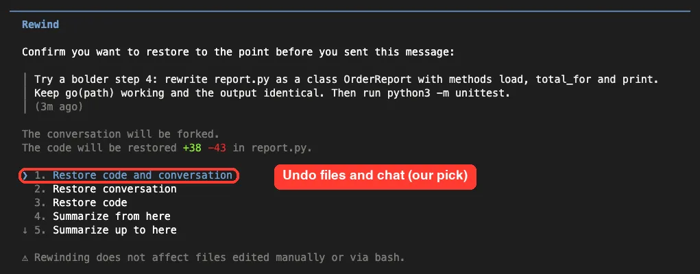 The Claude Code rewind confirmation screen with options to restore code and conversation, restore conversation, restore code and summarize, with the first option highlighted
