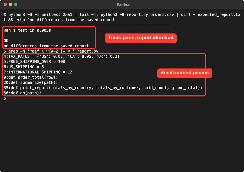 Plain terminal showing the unittest run with OK, a message saying no differences from the saved report, and a list of constants and four function definitions in report.py