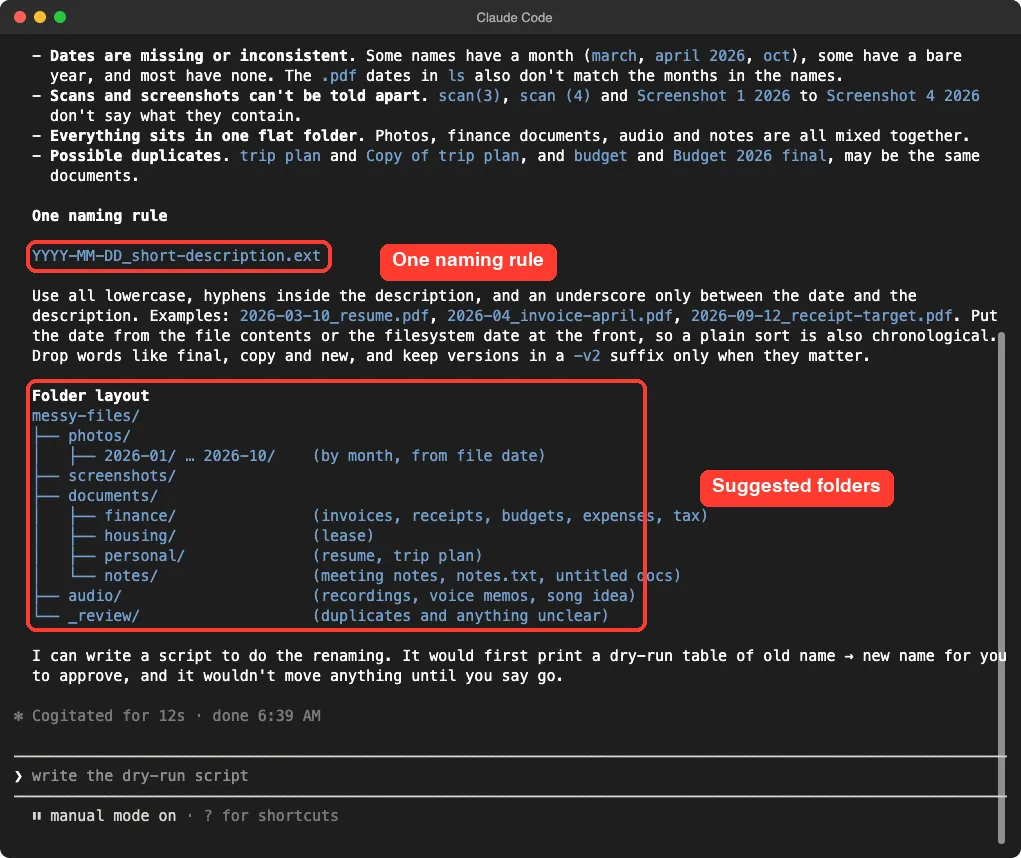 Claude Code answer showing one naming rule, year-month-day then a short description, and a suggested folder layout with photos, screenshots, documents and audio folders