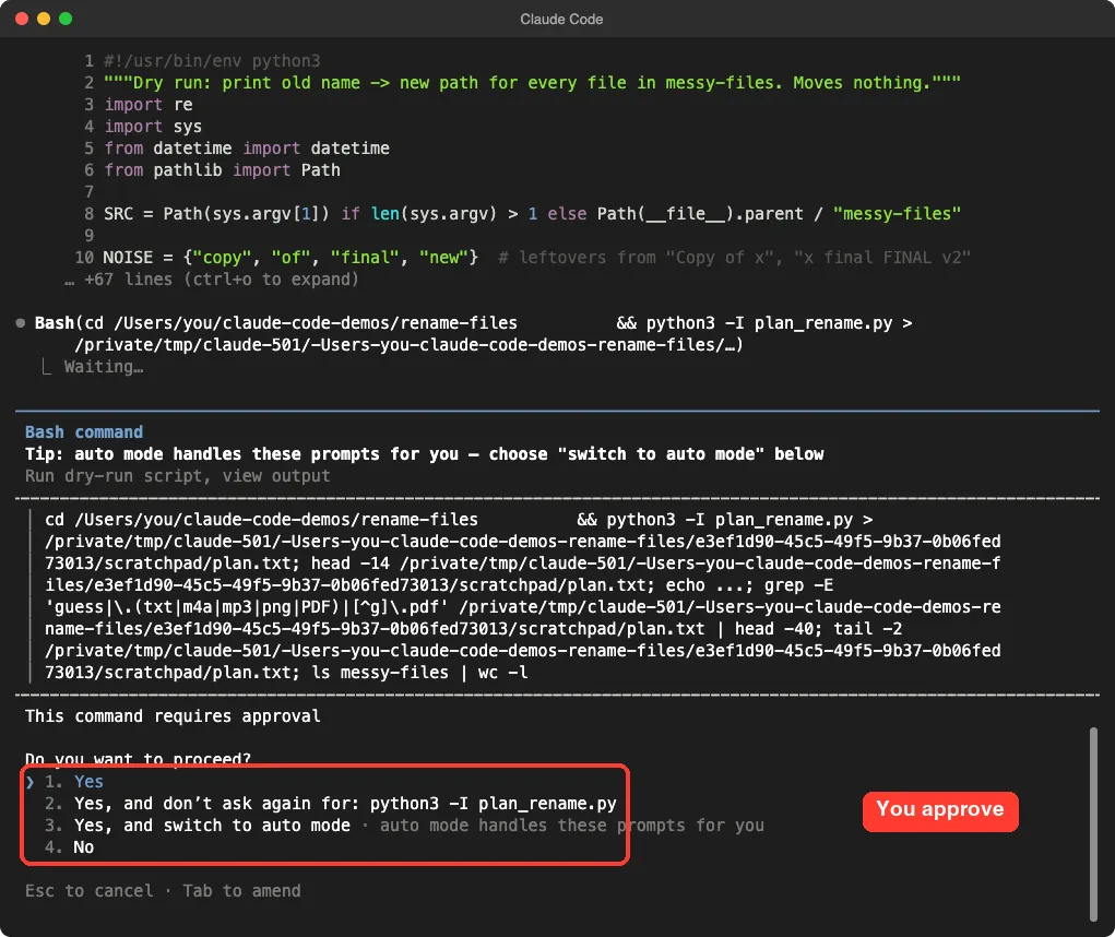 Claude Code permission prompt for a Bash command that runs the dry-run script, with options Yes, Yes and don't ask again, Yes and switch to auto mode, and No