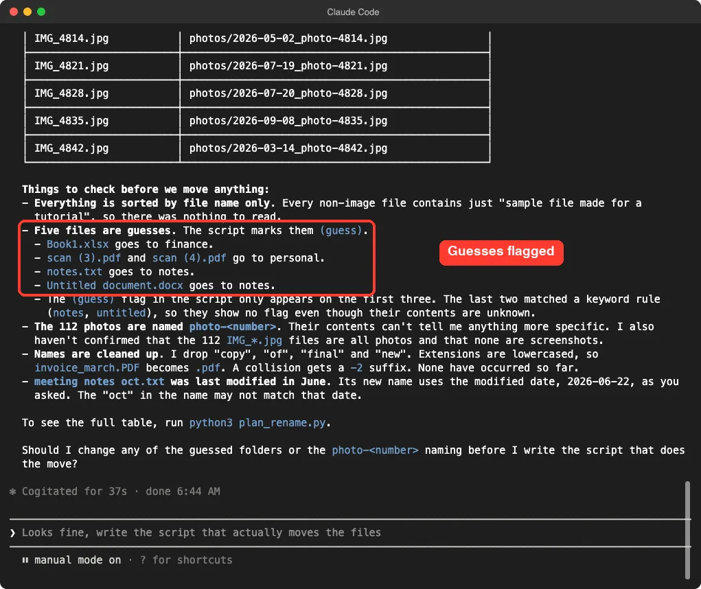 Claude Code preview table of old and new file names, followed by a list of things to check, including five files whose folder was a guess