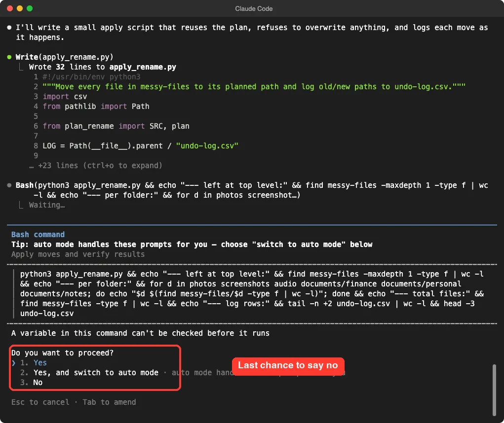 Claude Code asking for approval to run the apply script, with Yes, Yes and switch to auto mode, and No highlighted as the options