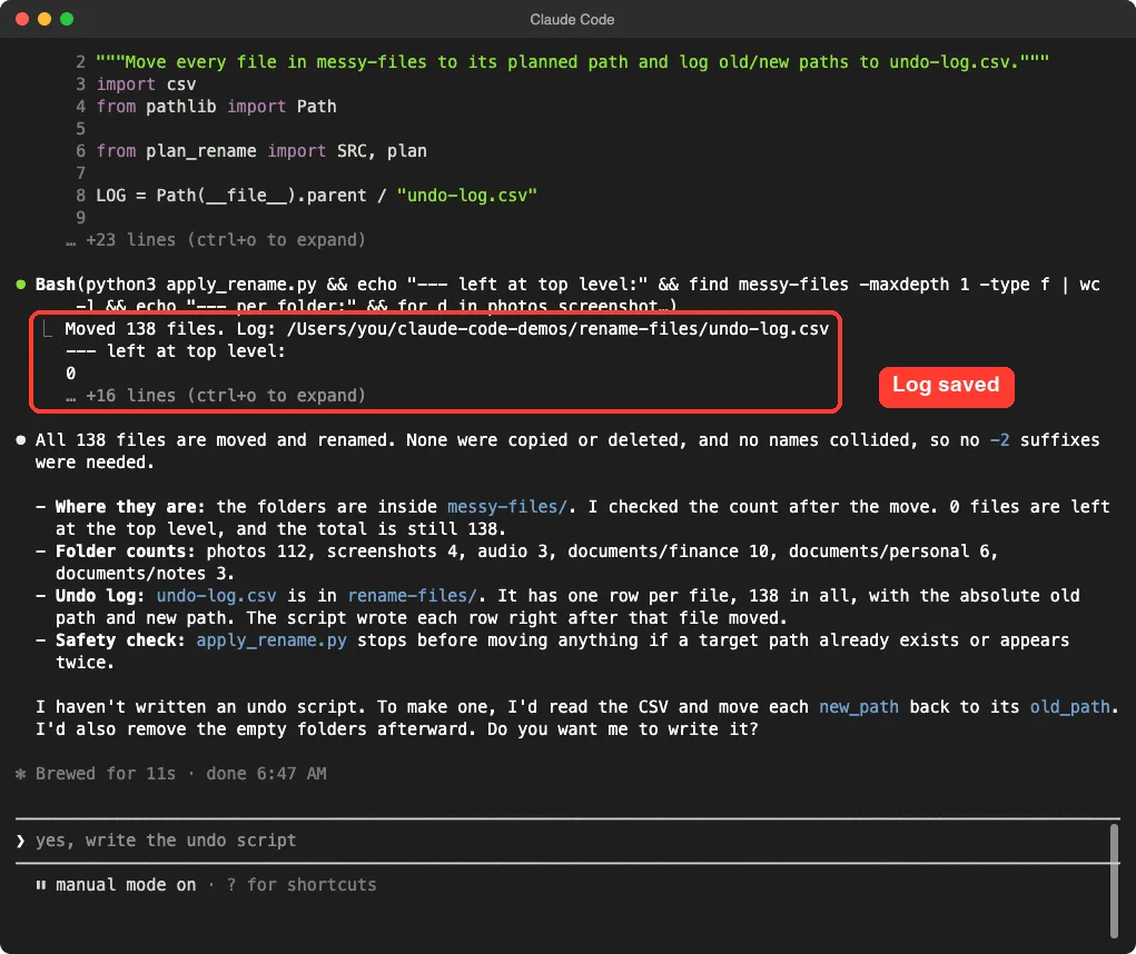 Claude Code output saying it moved 138 files and saved a log, followed by counts for each folder