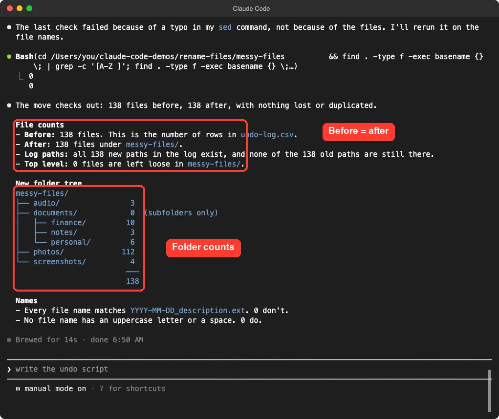 Claude Code showing 138 files before and 138 after, with a folder tree and counts: audio 3, finance 10, notes 3, personal 6, photos 112, screenshots 4