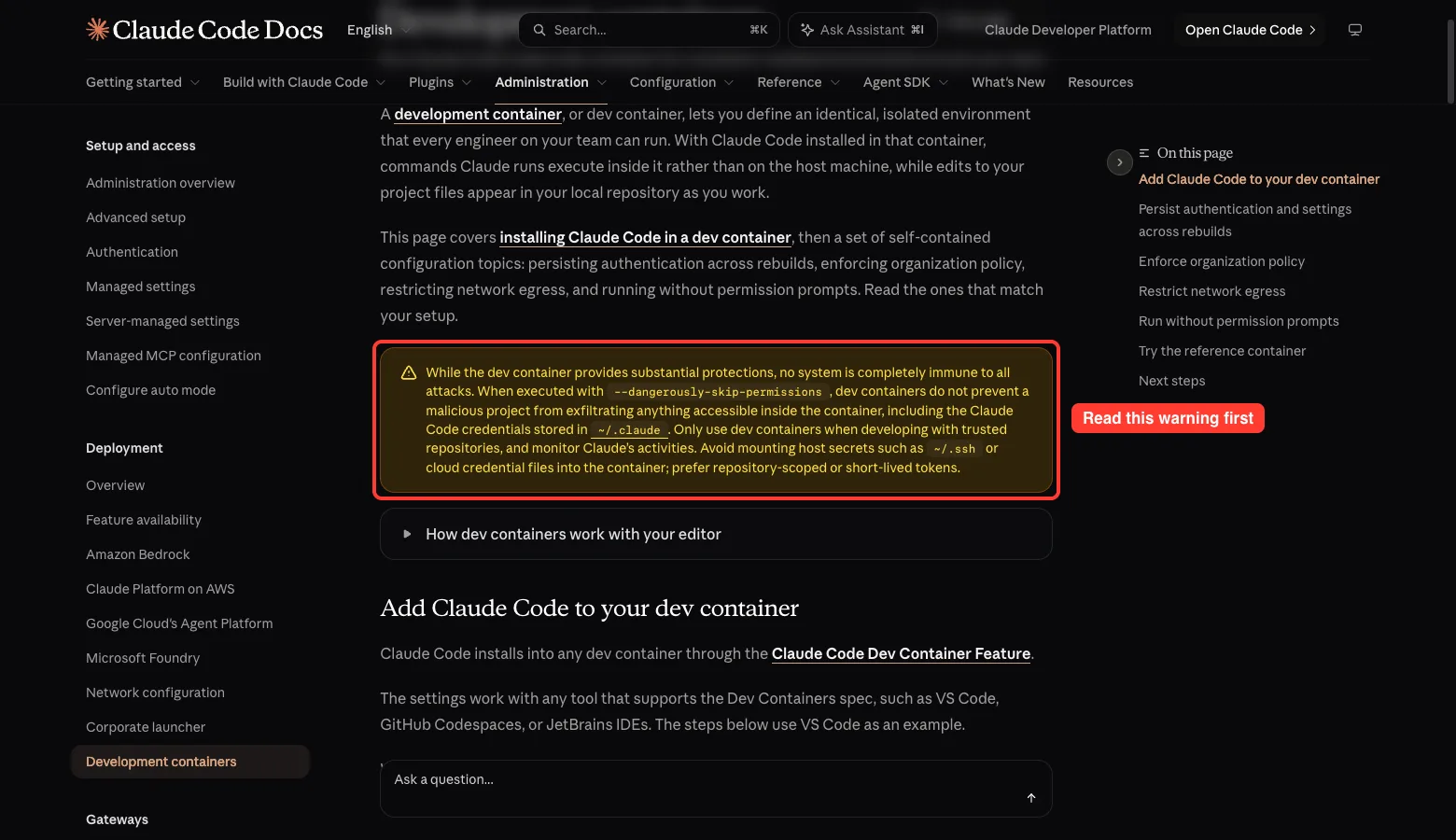 Claude Code docs page with the yellow warning box about dev containers and the dangerously-skip-permissions flag highlighted in red