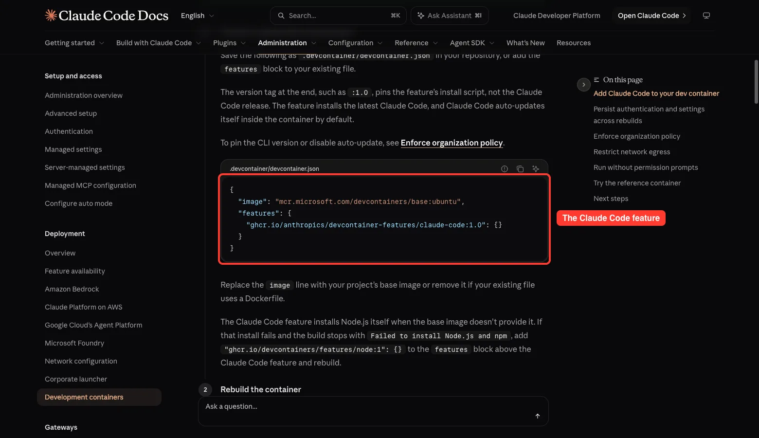 Claude Code docs showing the devcontainer.json example with the Claude Code feature block highlighted in red